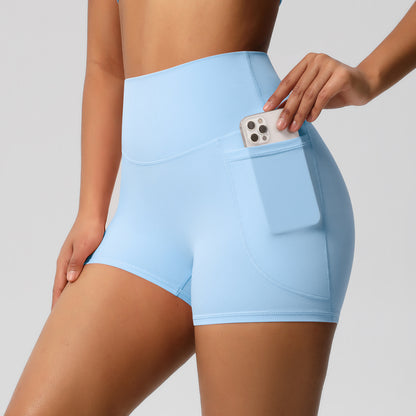 Brushed Solid Color Pocket High Waist Tight High Elastic Yoga Shorts